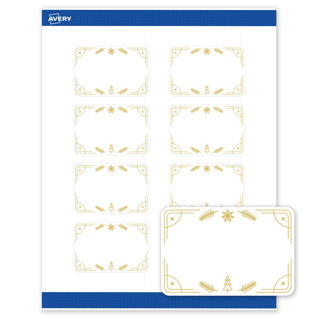 Avery Printable Christmas Labels with Sure Feed Technology, Rectangle, 2" x 3", Pre-Printed Metallic Gold Christmas Trees Design, Matte White, Laser & Inkjet Compatible, 80 Total